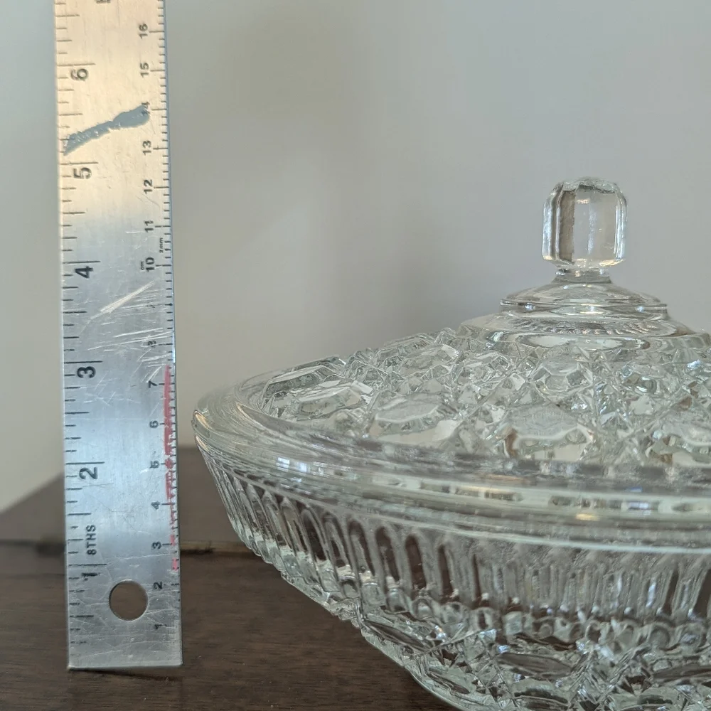 Flawless Diamond Point Clear Glass Candy Dish with Lid - MCM Apothecary Jar